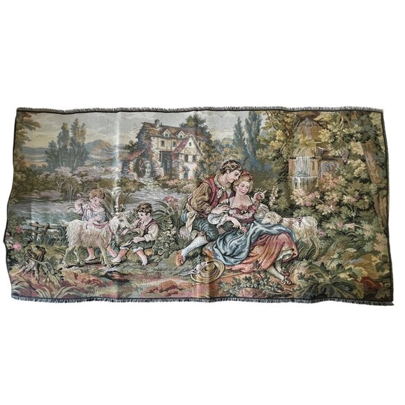 Noble Pastoral 01 Boucher French Tapestry 39" x 20" Pastoral Scene Family Goats - Picture 1 of 14